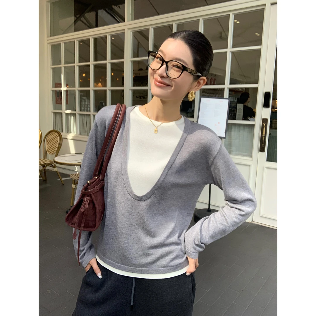 pusumede 小众视觉 气质假两件U领针织衫女设计感宽松长袖上衣