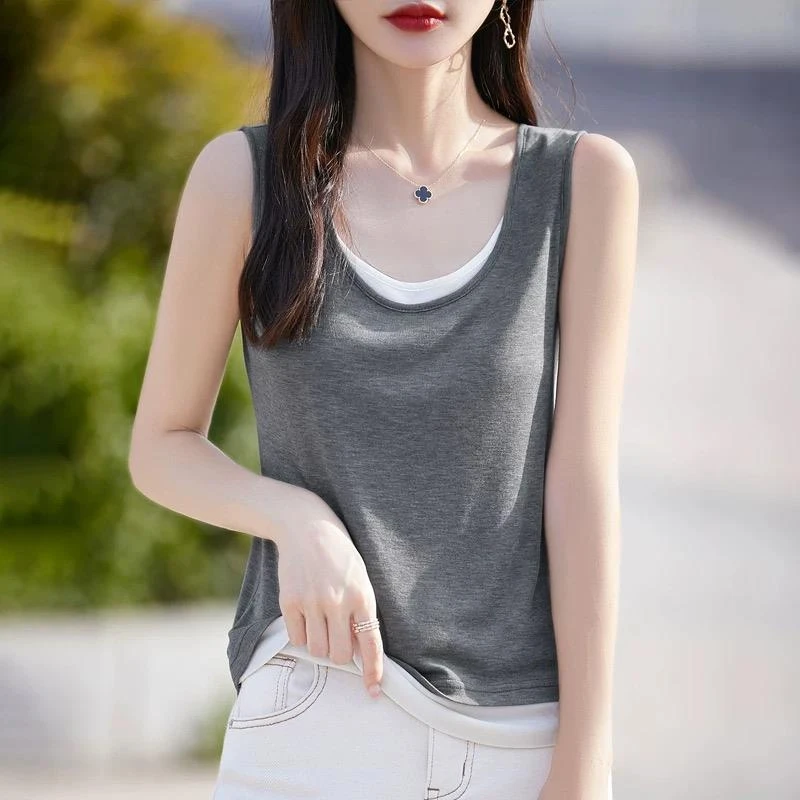 新秋冬加绒大码假两件灰色吊带背心女款设计感百搭显瘦背心女韩版