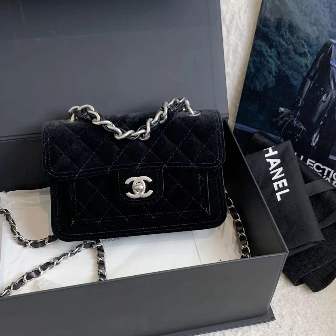 99新 Chanel/香奈儿 壹臻/23K黑银丝绒豆腐邮差包 54737360