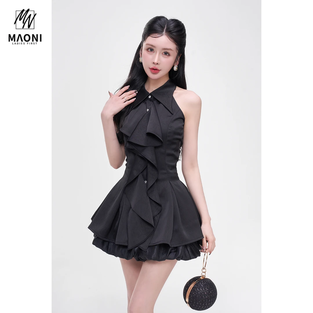 毛妮Peshe【夏日女神】法式挂脖露肩连衣裙不规则荷叶边收腰L1557