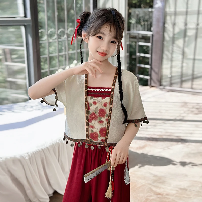 女童汉服套装2025夏季新款新中式洋气国风上衣裤子儿童夏装三件套