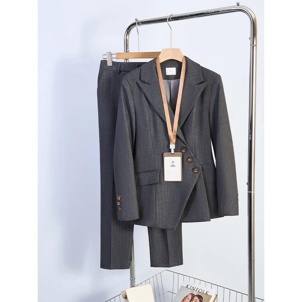 灰色职业西装套装女春秋2025新款高端条纹西服正装酒店经理工作服