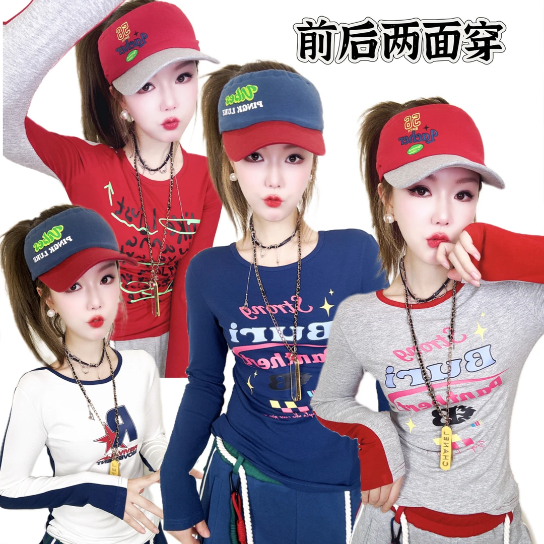 A325春款小众设计师个性休闲百搭纯棉圆领打底衫长袖T恤女两面穿