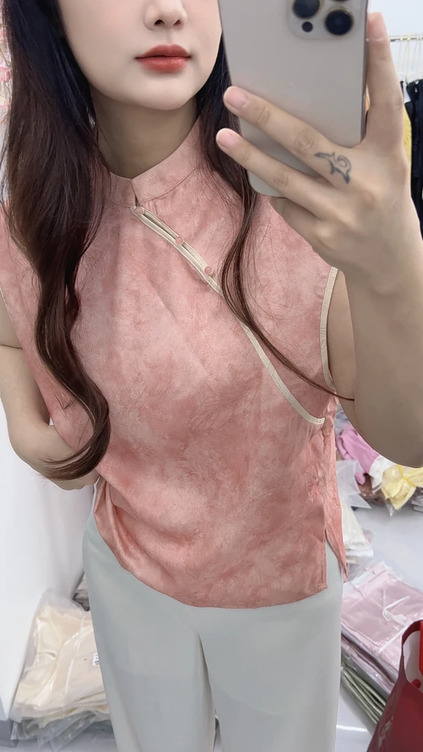 夏季新中式国风减龄橘粉色短袖盘扣衬衫上衣