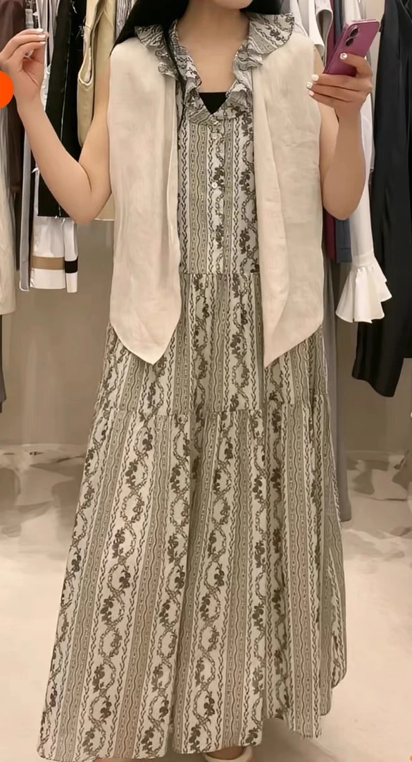 【BAI】复古荷叶边领花色马甲无袖显瘦连衣裙6956