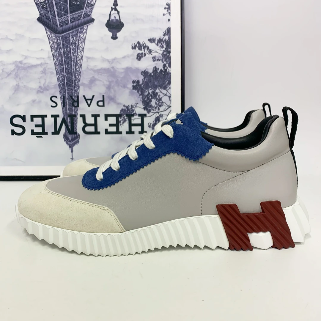 全新未使用 Hermes/爱马仕 爱马仕Bouncing灰蓝色皮面棕标运动鞋