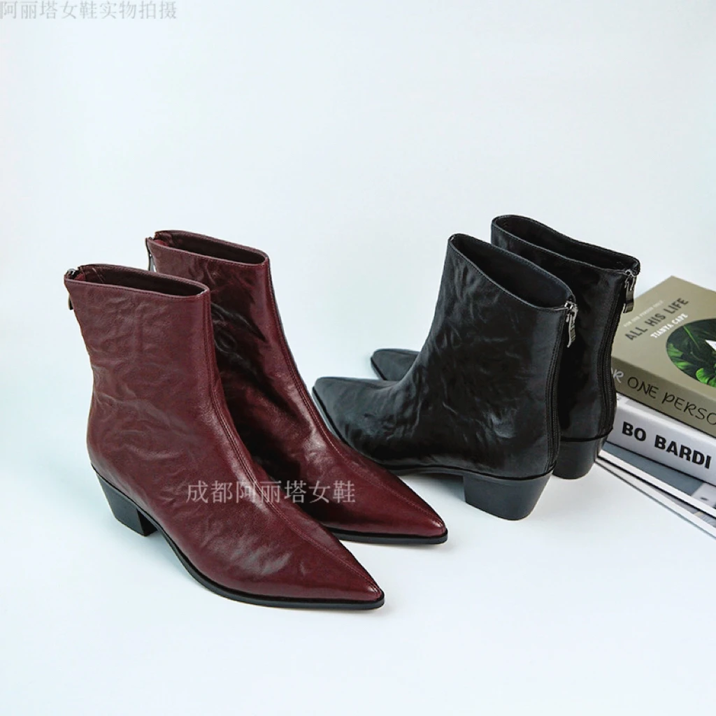 阿丽塔女鞋~5cm尖头粗跟短靴时尚气质百搭舒适高跟女靴高跟时装靴
