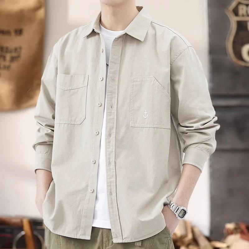 美式简约纯棉长袖衬衫男春秋款大码衬衣男士潮牌宽松休闲薄款外套