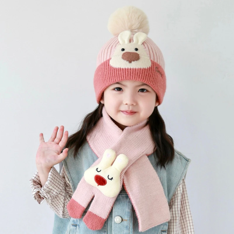 儿童帽子围巾两件套秋冬季宝宝针织毛线帽卡通男女童加厚保暖套帽