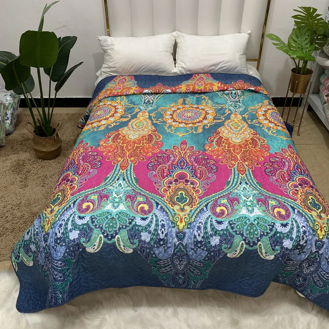 欧式高档奢华夹棉绗缝床盖盖毯夏季双面两面用AB面床盖波西米亚风