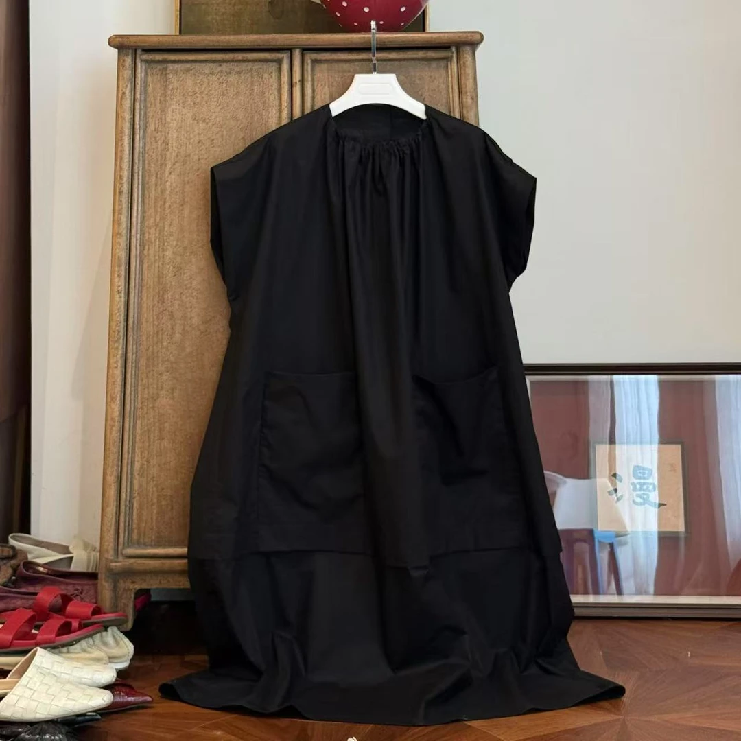 MYL 2025夏季新品纯棉黑色连衣裙领口褶皱落肩袖宽松纯色舒适长裙