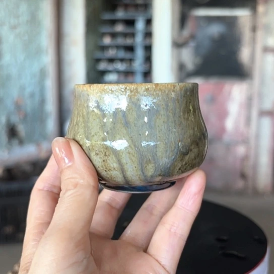 柴烧裸烧窑变玉化蓝彩窑宝杯