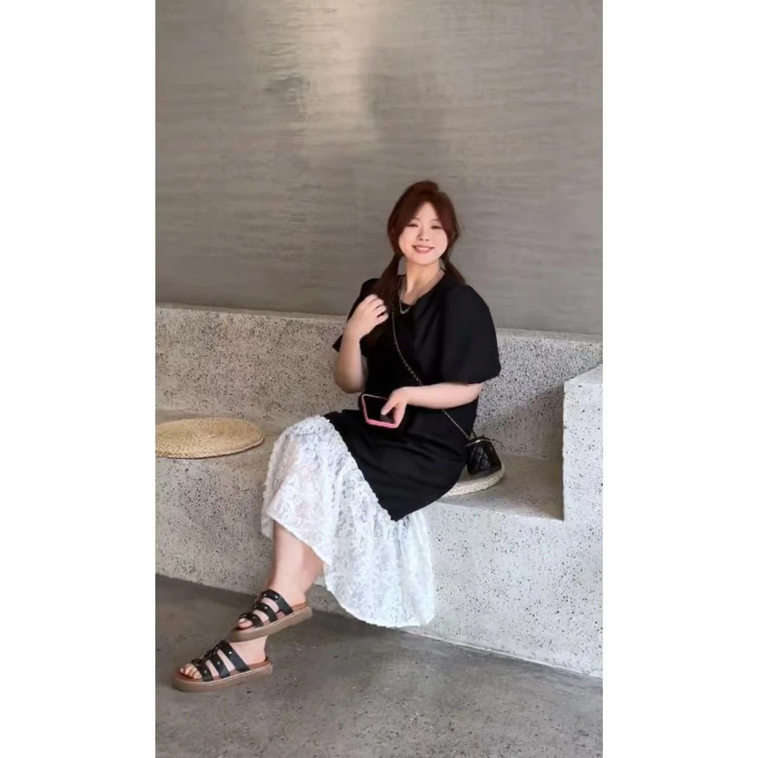 晶咕 温煦春色下摆拼蕾丝绣花荷叶摆中长连衣裙夏季法式小众底底