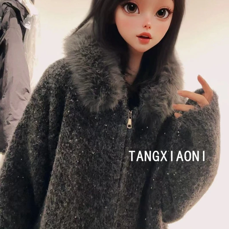 3店 客定单子 慵懒大版【灰晶闪闪】大毛领开衫上衣潮牌女装