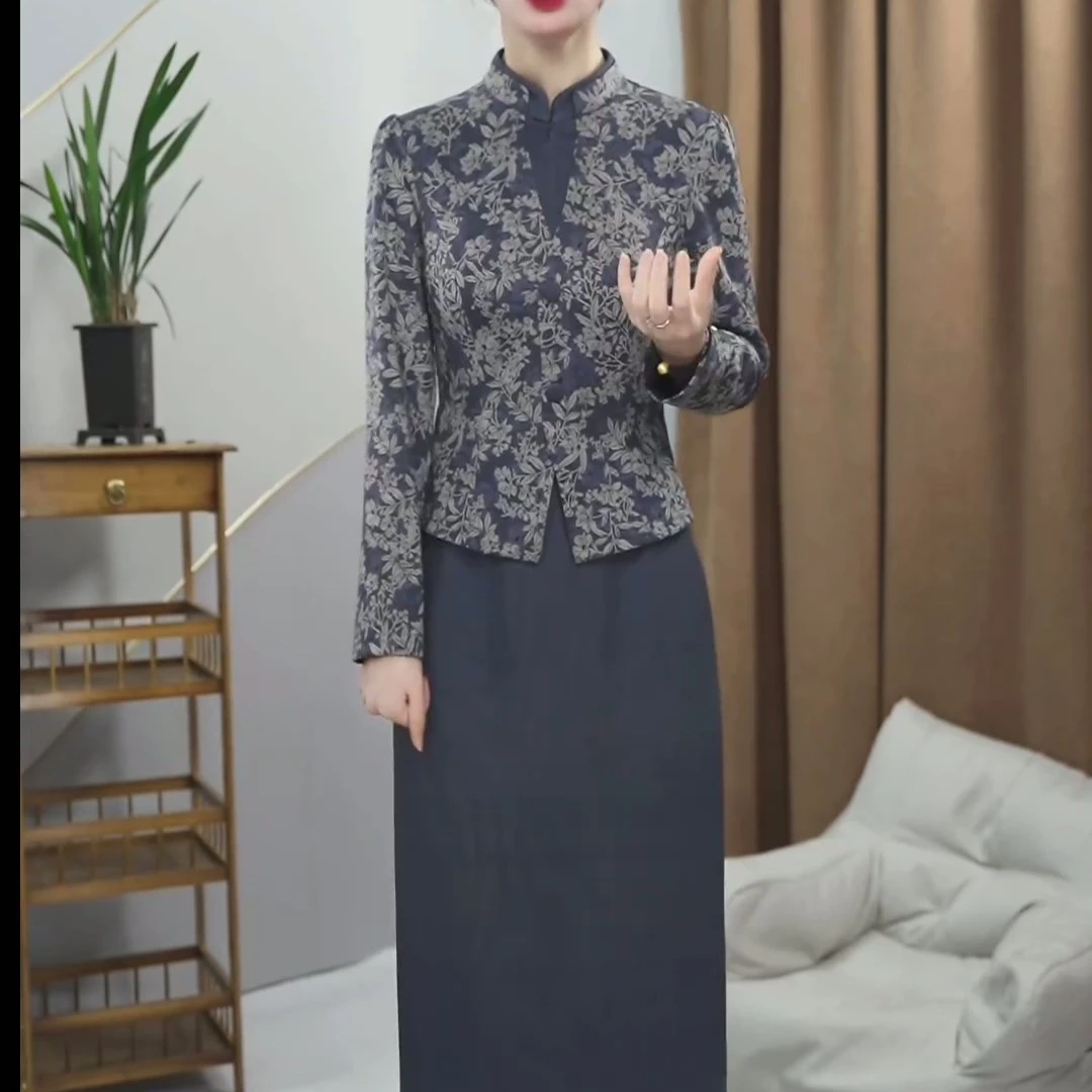 2025春季妈妈装洋气时尚减龄修身遮肉印花复古中式假两件连衣裙