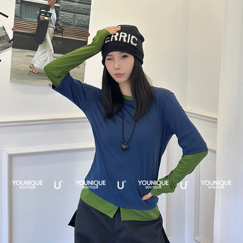 【MANZANILLA】新品25秋冬撞色假两件开衩T恤长袖女