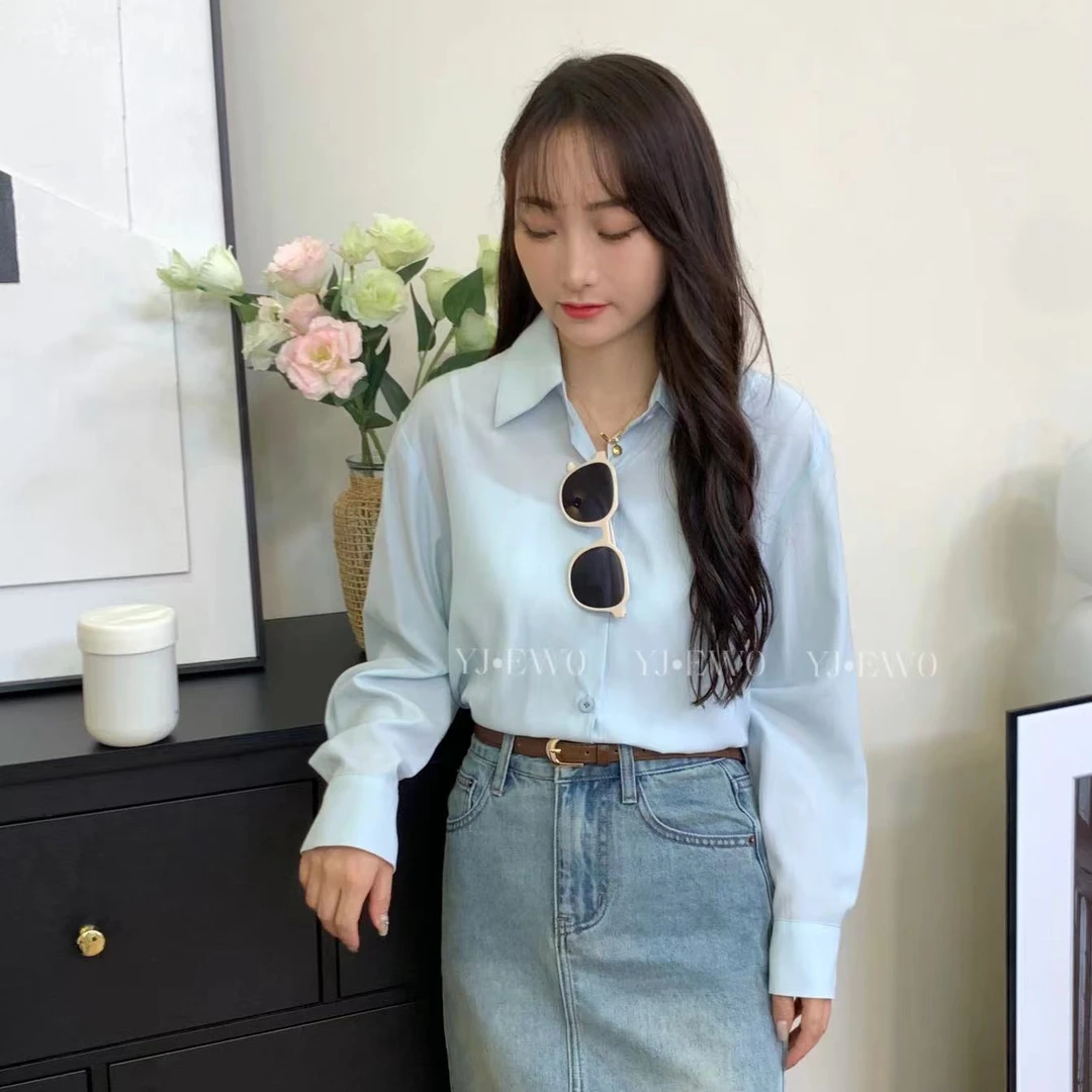 百搭宽松翻领设计感小众纯色简约薄款衬衫-9591