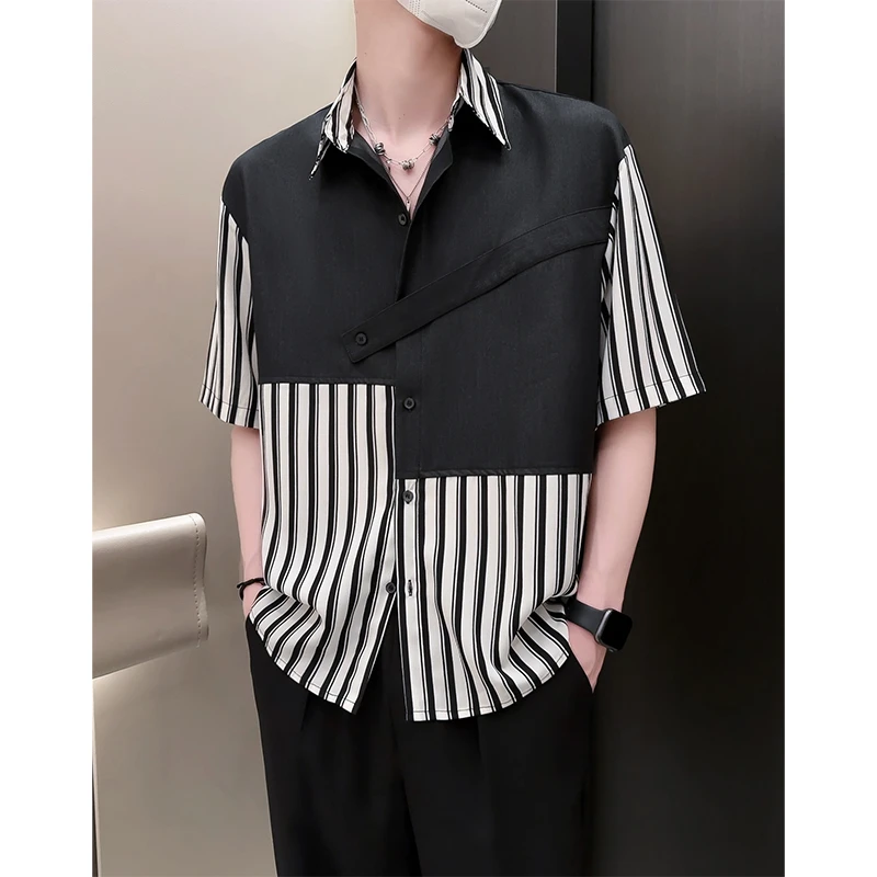 阿航男装 夏潮流设计感拼接假两件垂感潮流时尚痞帅衬衫宽松休闲