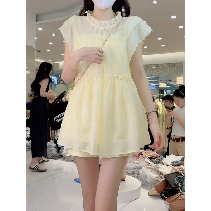 仙女风花边立领衬衫短裤套装女2025夏新款减龄显瘦小飞袖上衣裤子