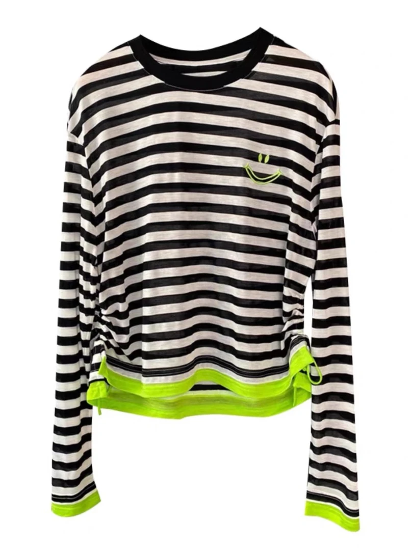 8815假两件圆领长袖条纹时尚休闲上衣修身显瘦新款2025气质