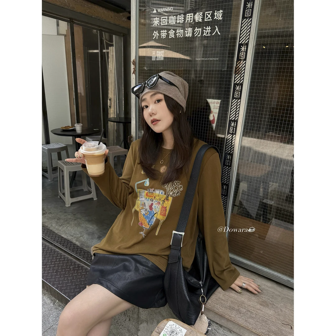 现货大婉酱微胖定制【舒适圈】涂鸦长袖印花T恤女秋季百搭上衣9892D