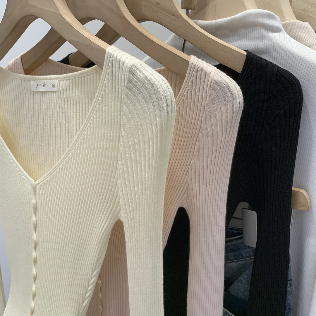 品牌同款设计感粉色大V领长袖内搭打底针织衫女秋2025新款修身上