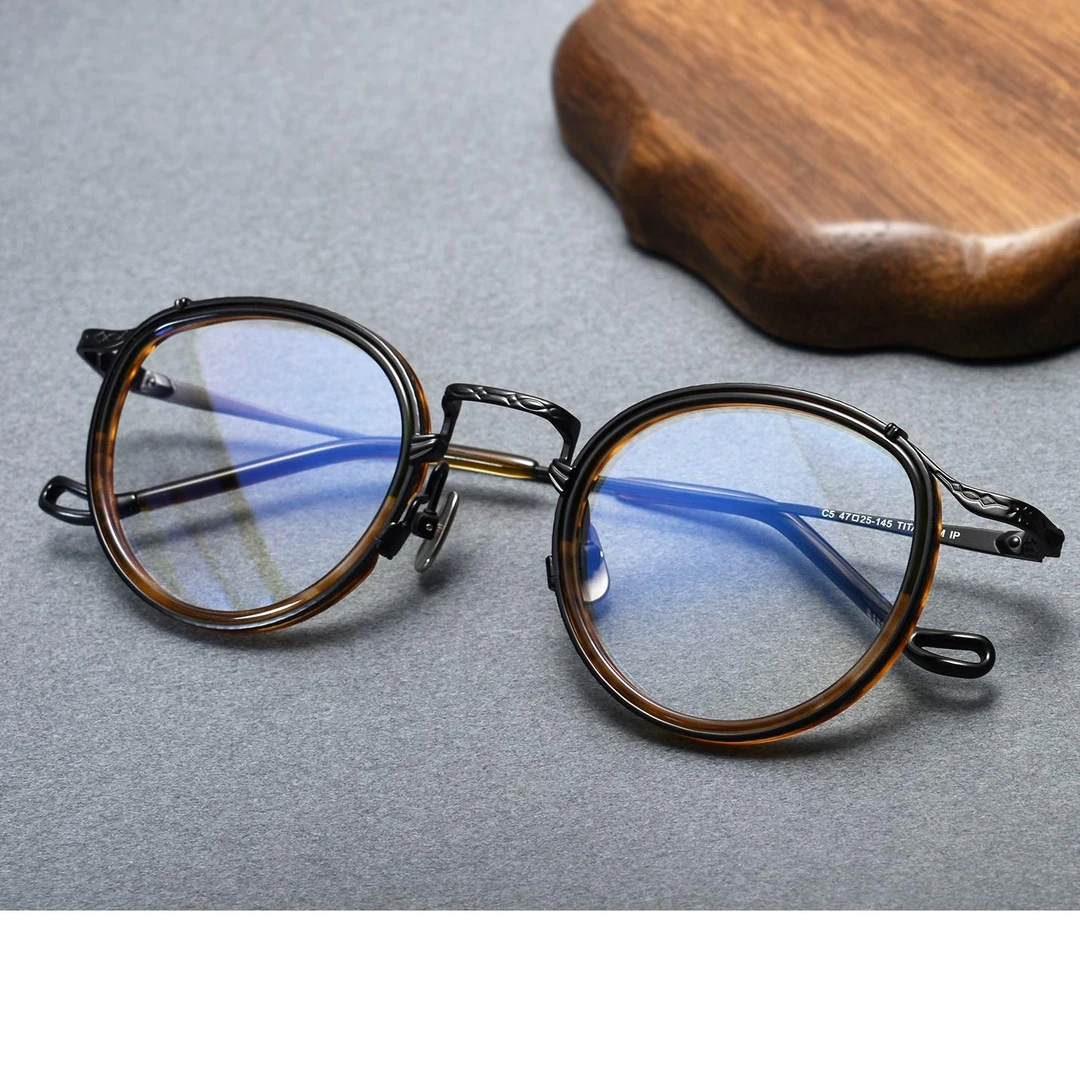 复古男士超轻纯钛眼镜框男款板材近视大脸圆框男生可配变色眼镜架