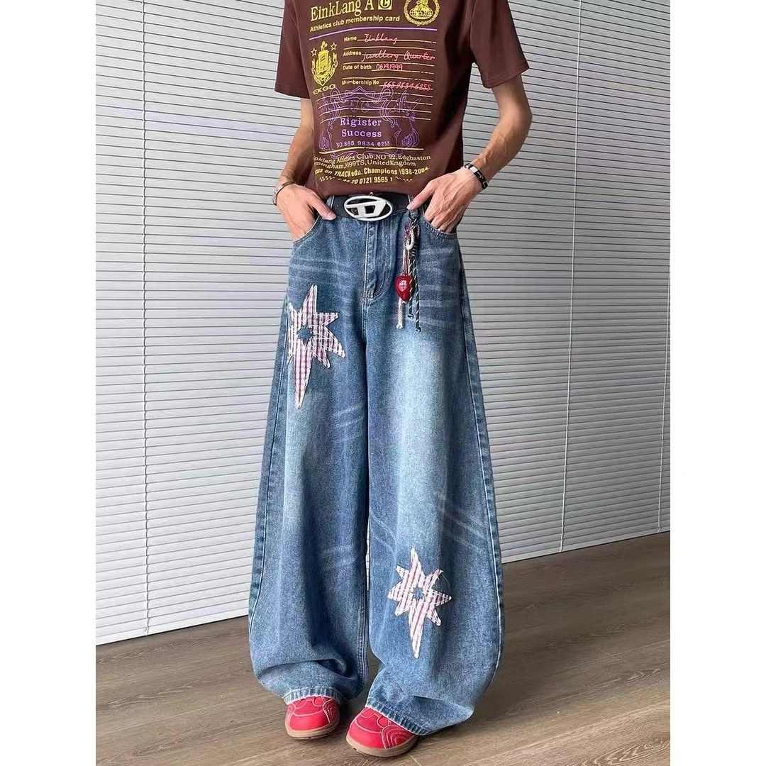 美式高街廓形弯刀牛仔裤男潮牌复古情侣宽松星星贴布设计阔腿裤子