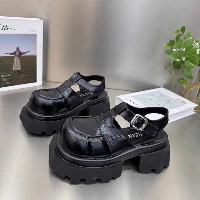 真皮厚底罗马风潮酷异形底凉鞋新款百搭包头猪笼凉鞋2609-99圣