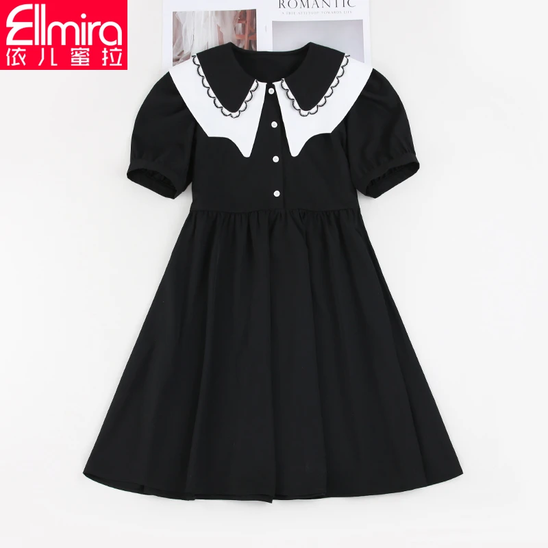 【兰瑾】8212学院风黑色连衣裙夏季裙子翻领洋气薄款