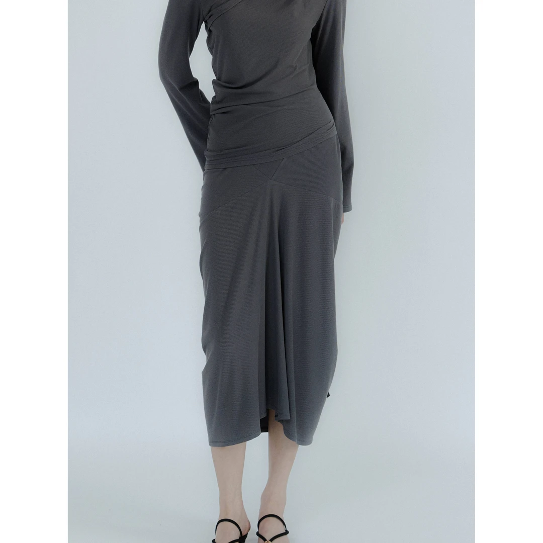 RODERIC WONG针织罗纹不规则半裙RW051DGYSK