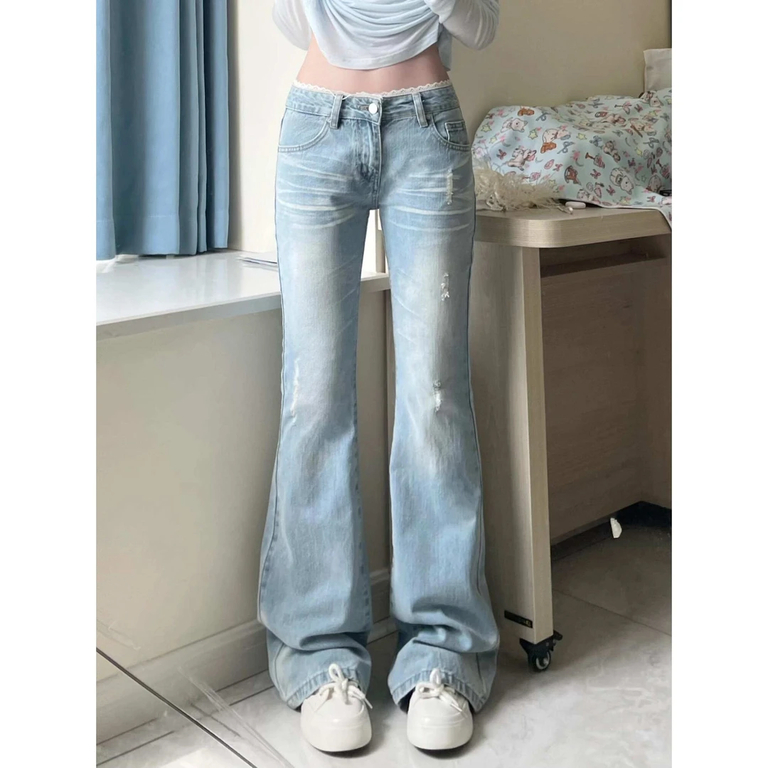 美式复古高街浅蓝色蕾丝拼接微喇叭牛仔裤小香风设计感拖地马蹄裤