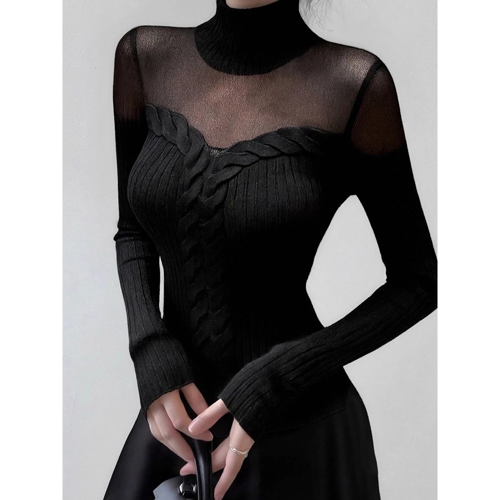 黑色高领网纱拼接针织打底衫女内搭秋冬高级感小个子短款修身上衣