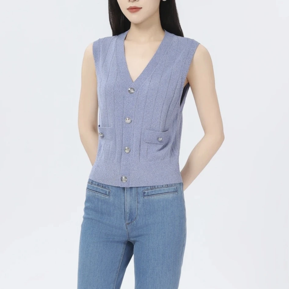 阿玛施AMASS新款女装百搭简约舒适竖坑纹V领无袖马甲针织衫548013