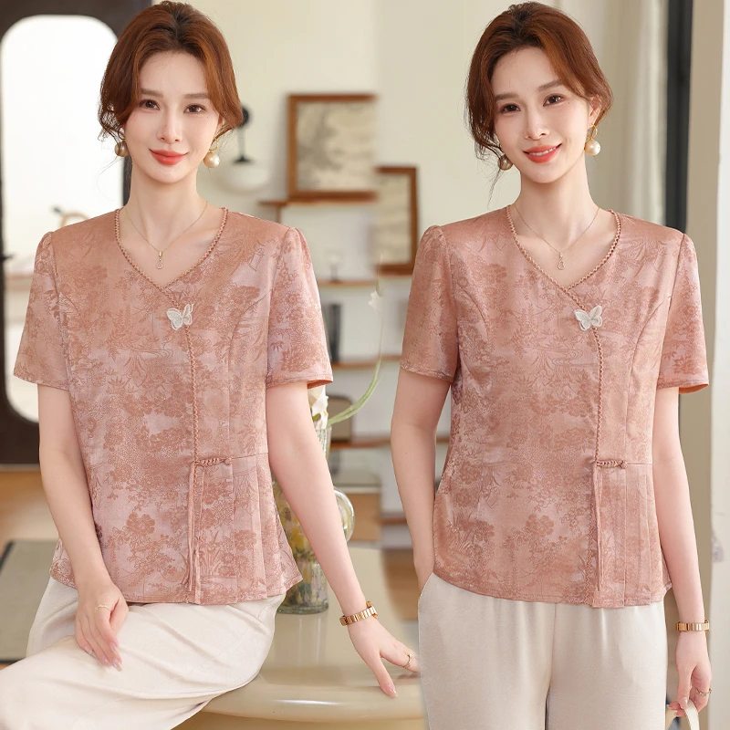 妈妈装夏季中式小衫套装洋气新款中老年女装新中式短袖上衣两件套