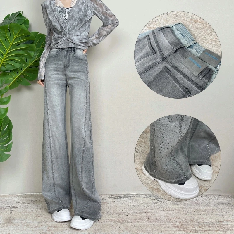 烫钻窄版直筒阔腿裤2025新款时尚百搭宽松垂感牛仔裤