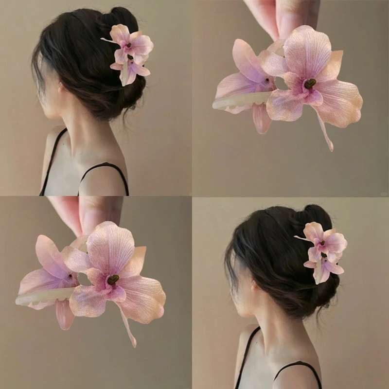 晕染植绒小清新花朵发夹抓夹大号发量多盘发鲨鱼夹高级感百搭发饰