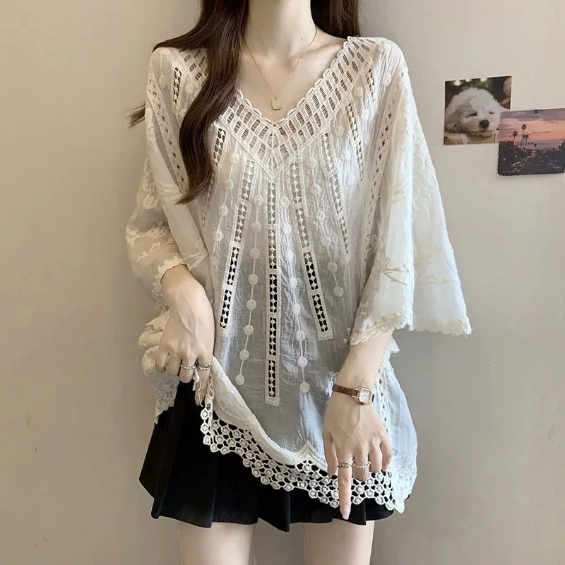 （光头家)米色系001-150森系春夏蕾丝外套重工刺绣衬衫气质春秋