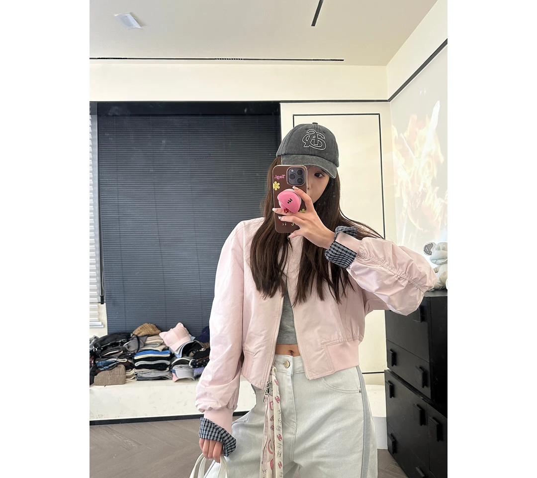 CHACHA【晴天】设计感拼接格子袖棒球服