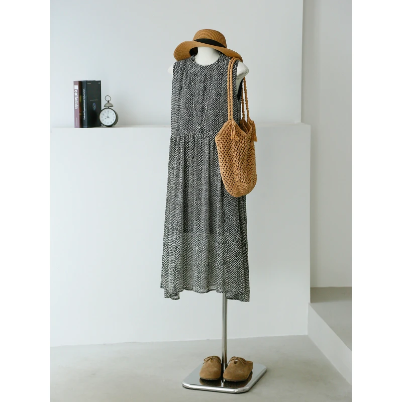 条纹背心连衣裙女圆领休闲百搭宽松显瘦韩版夏季薄款长裙女