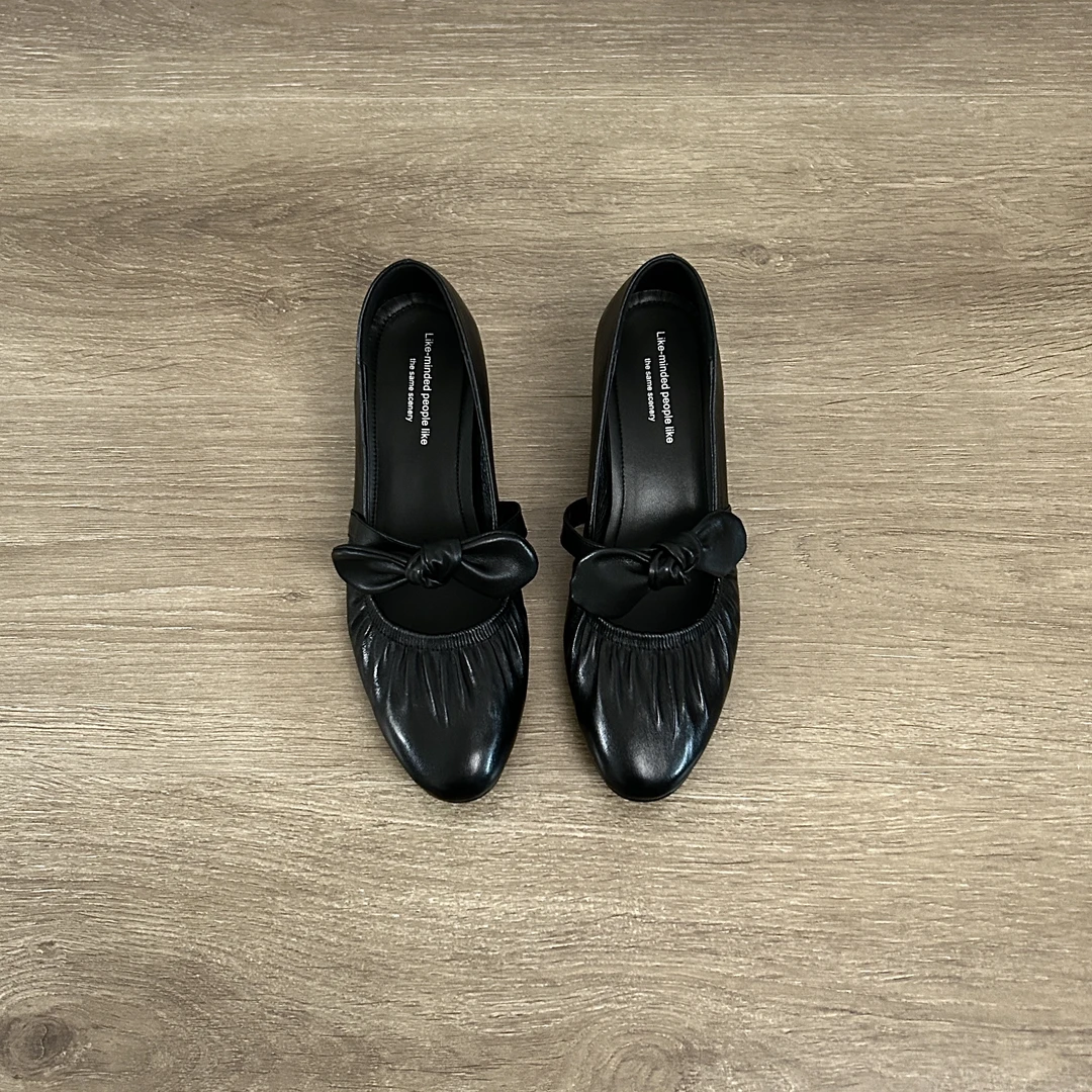 Dannyfrey新款法式简约风蝴蝶结百搭小众气质褶皱外穿玛丽珍鞋4CM