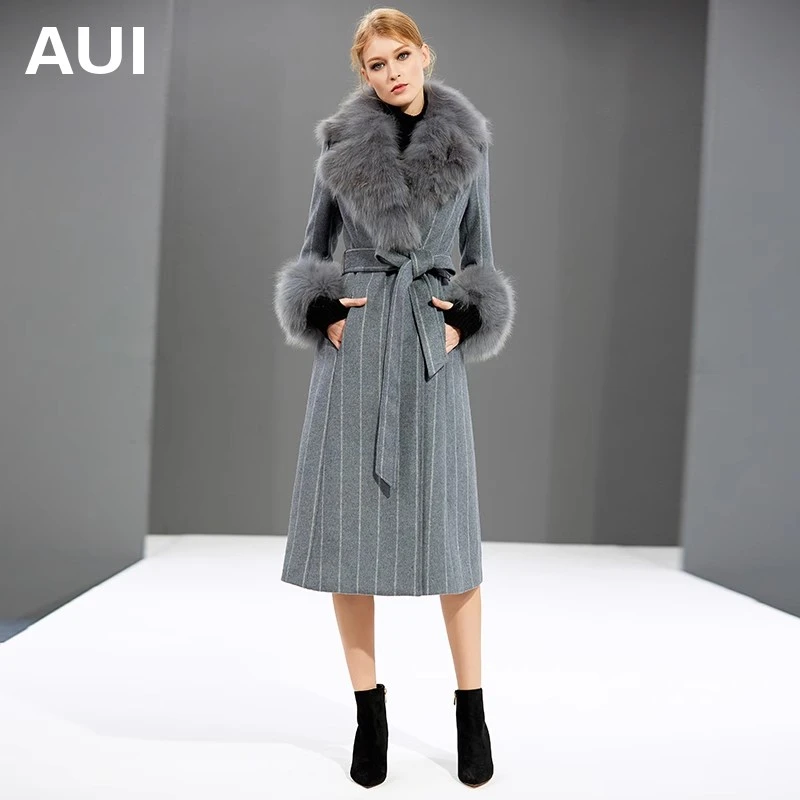 【七七专属】AUI灰色气质呢子外套女长款修身-AUI18D093271