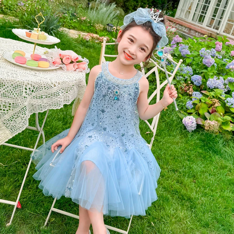 女童夏季亮片爱莎连衣裙夏装女孩网纱裙子无袖冰雪奇缘公主裙纱裙