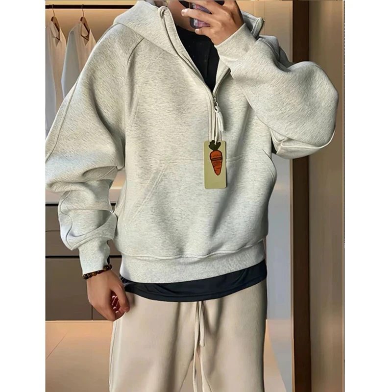 美式复古cleanfit花灰色半拉链卫衣男款春秋短宽重磅boxy连帽外套