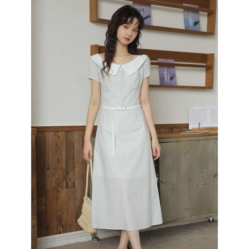 夏季娃娃领短袖连衣裙2025新款女装时尚设计撞色收腰显瘦条纹裙子