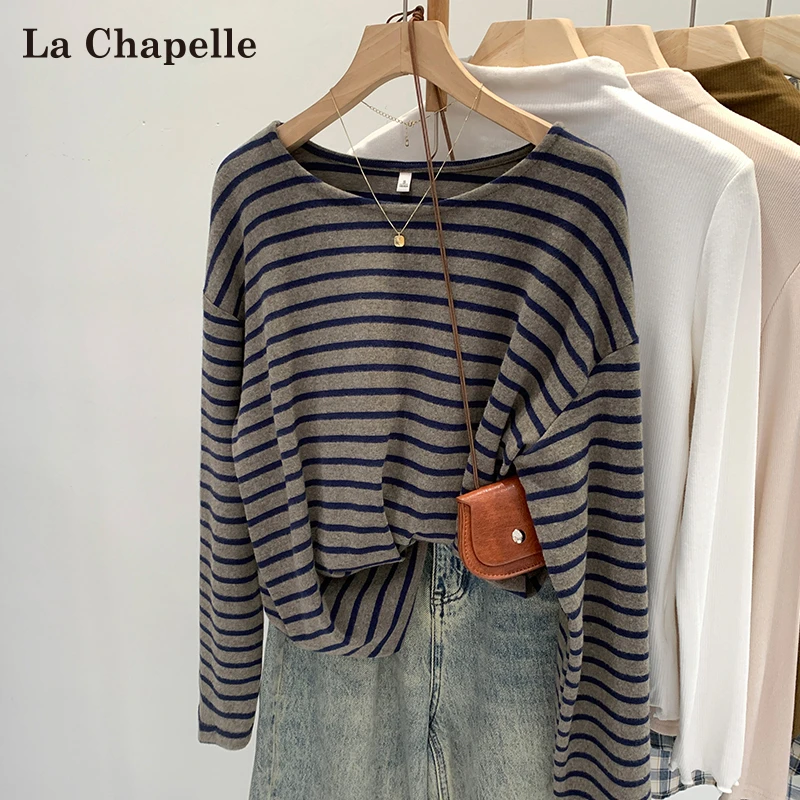拉夏贝尔撞色条纹长袖T恤女春秋季2025新款韩系宽松显瘦内搭上衣