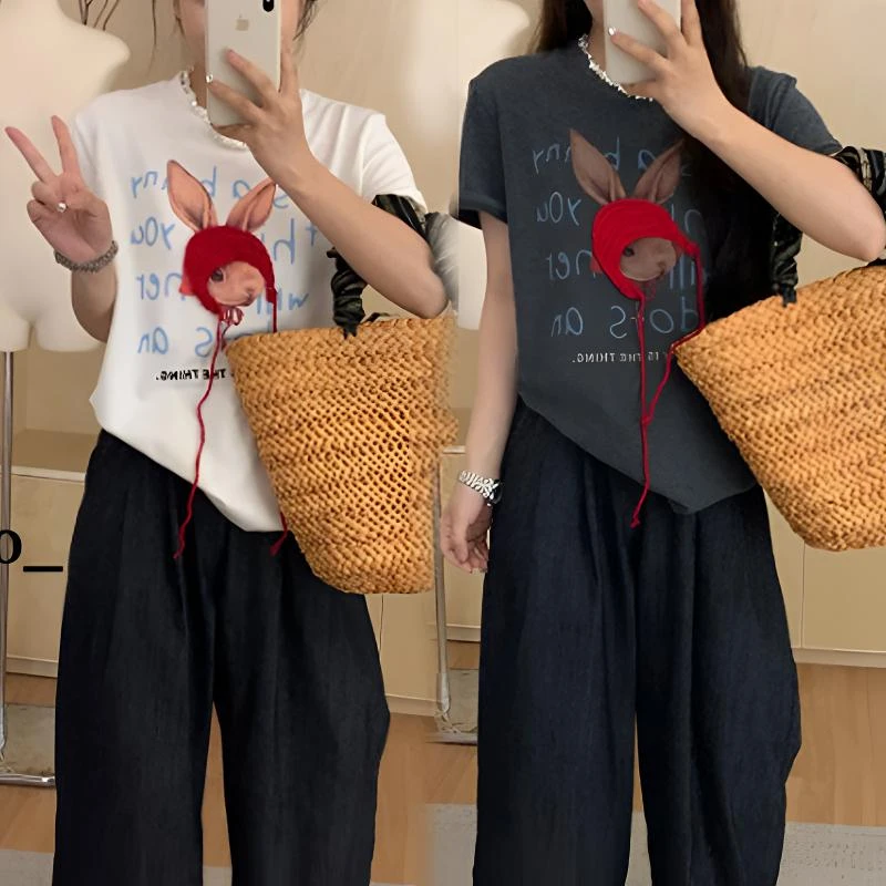 韩系帽子兔立体感韩系ins风正肩重工短袖T恤女2025春夏新款上衣