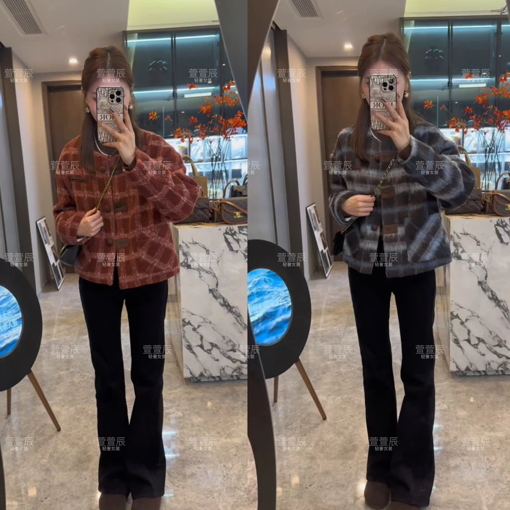 【玫瑰之约】秋冬时尚轻奢短款小香风羽绒服气质加厚格子外套#3699