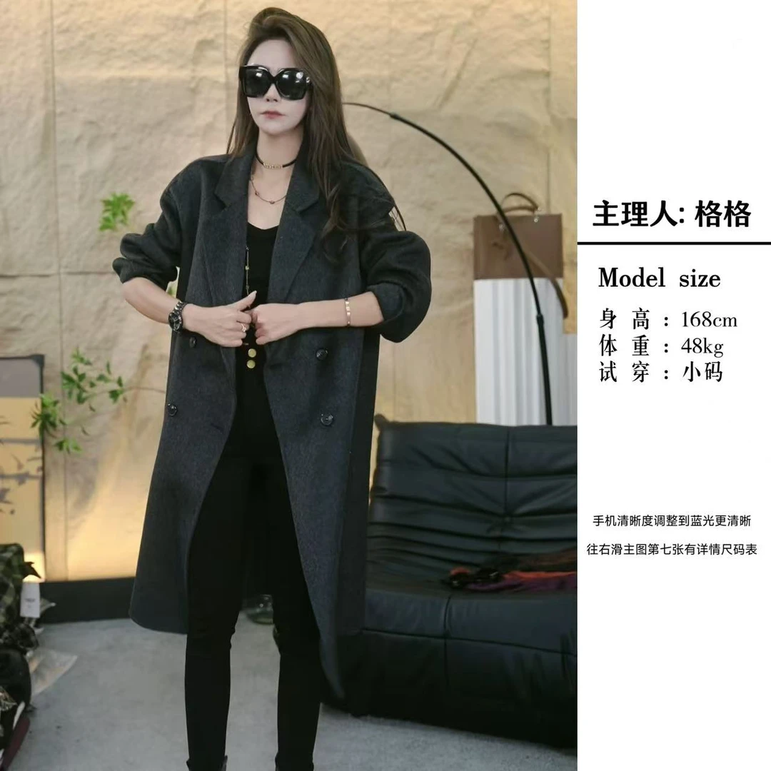 【格格家】2801-1秋冬新款韩版时尚显瘦西装领长款双排扣毛呢外套