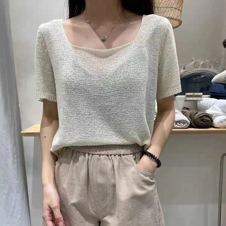 宋song家夏季短袖女方领毛针织衫百搭休闲圆领打底衫薄款镂空